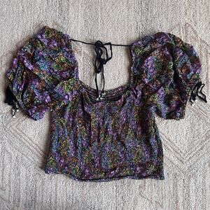 Free People Milkmaid Top Smocked Floral Puff Sleeve Cottagecore Boho L